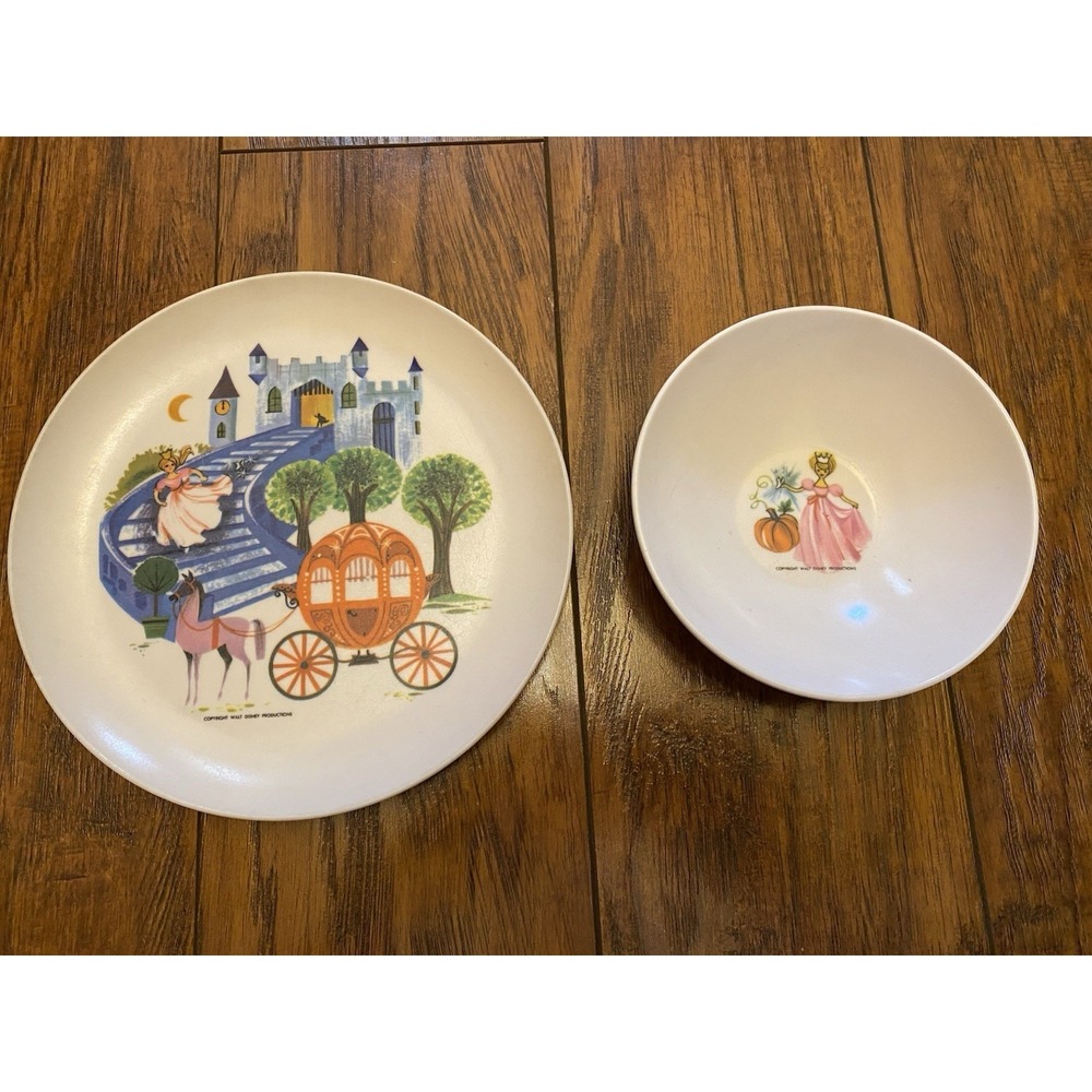 Vtg Disney Productions CINDERELLA Melmac Melamine Childs Plate Bowl Set Kitchen